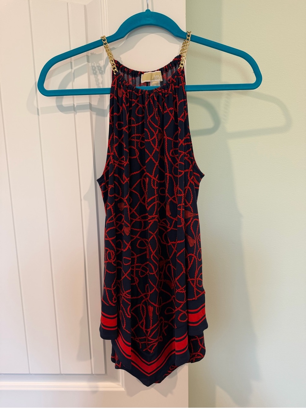 MICHAEL Michael Kors Navy Dress with Red Rope Print and Gold Chain Straps